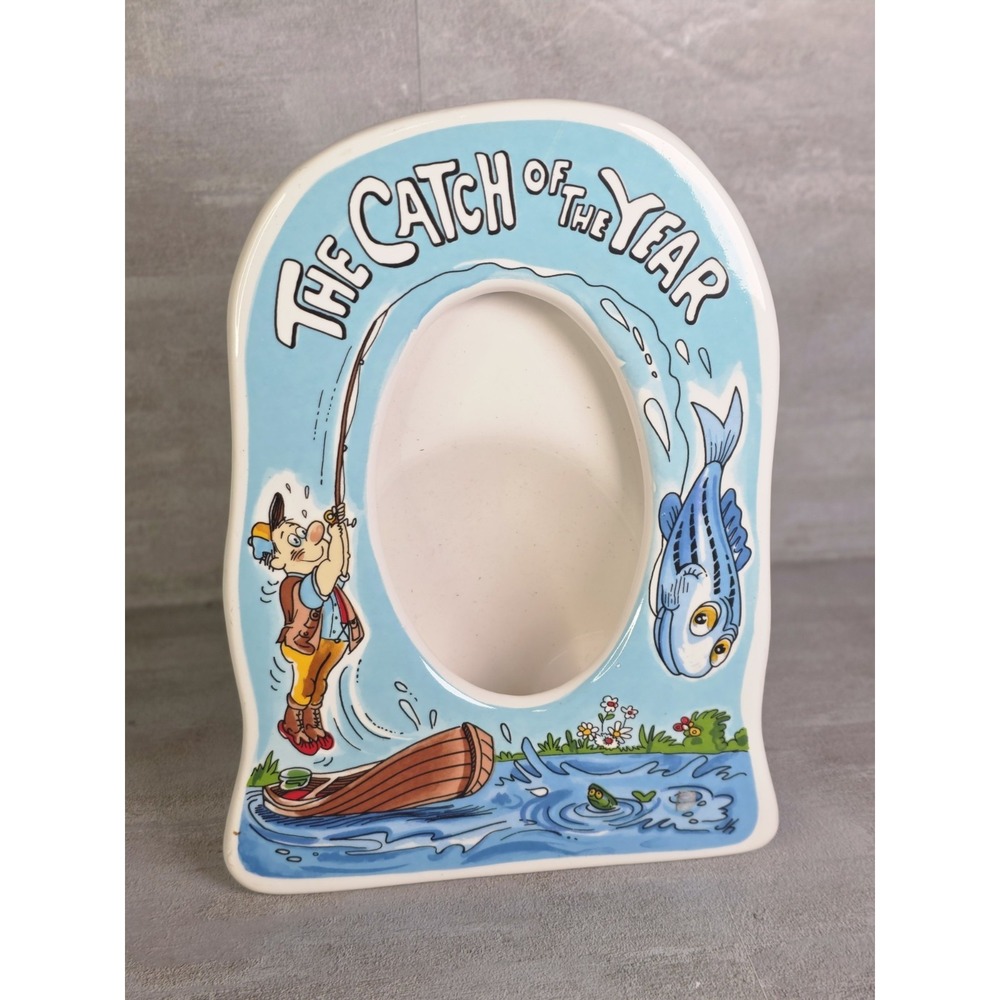 "The Catch Of The Year" Fishing Themed Ceramic Blue Frame Made By Russ 7x5.5"VTG
